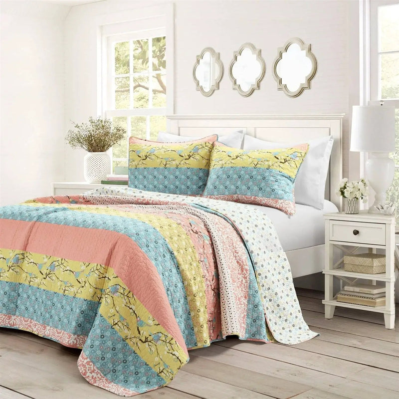 King size Blue Yellow Pink Ivory Boho Floral Reversible Lightweight Quilt Set by HomePacific