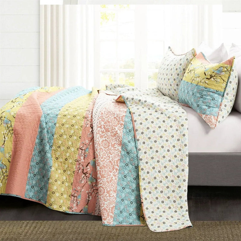 King size Blue Yellow Pink Ivory Boho Floral Reversible Lightweight Quilt Set by HomePacific
