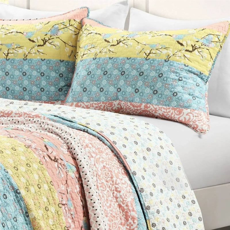 King size Blue Yellow Pink Ivory Boho Floral Reversible Lightweight Quilt Set by HomePacific