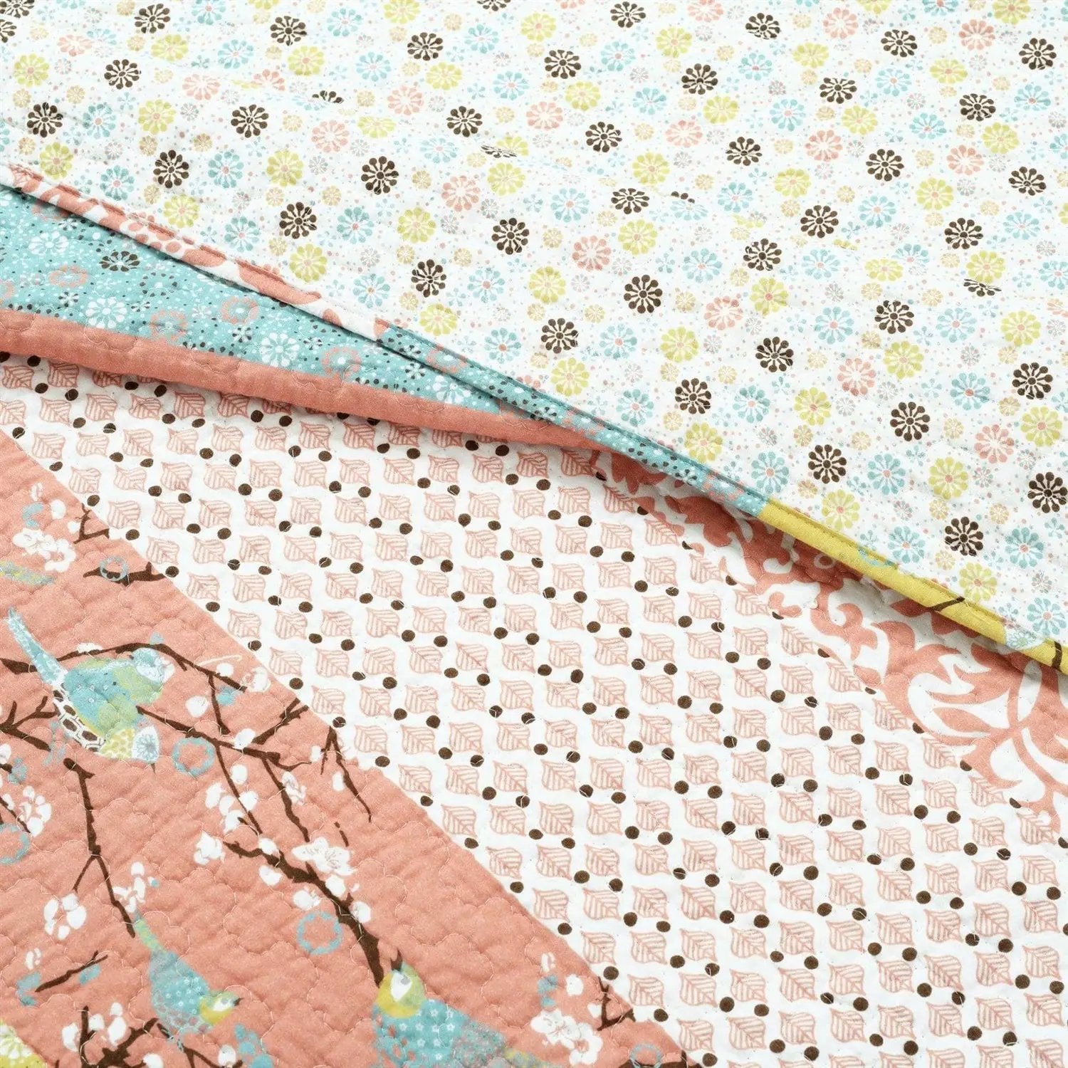 King size Blue Yellow Pink Ivory Boho Floral Reversible Lightweight Quilt Set by HomePacific