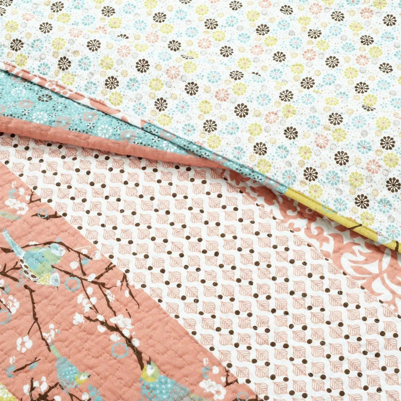 King size Blue Yellow Pink Ivory Boho Floral Reversible Lightweight Quilt Set by HomePacific
