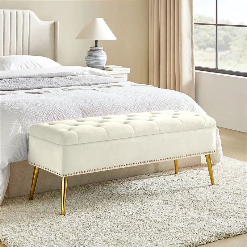 Mid-Century Modern Bed Storage Bench with Ivory Velvet Seat and Gold Legs by HomePacific