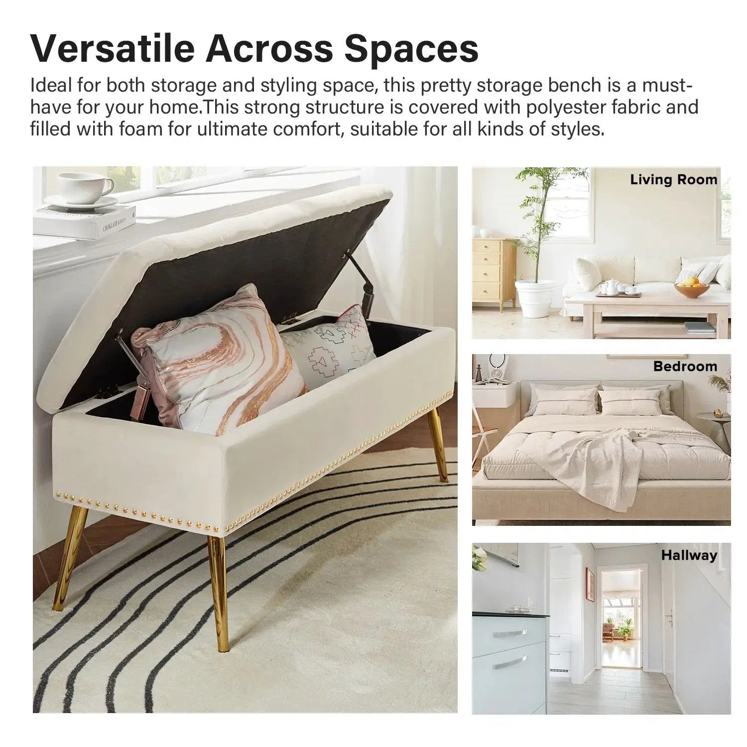 Mid-Century Modern Bed Storage Bench with Ivory Velvet Seat and Gold Legs by HomePacific