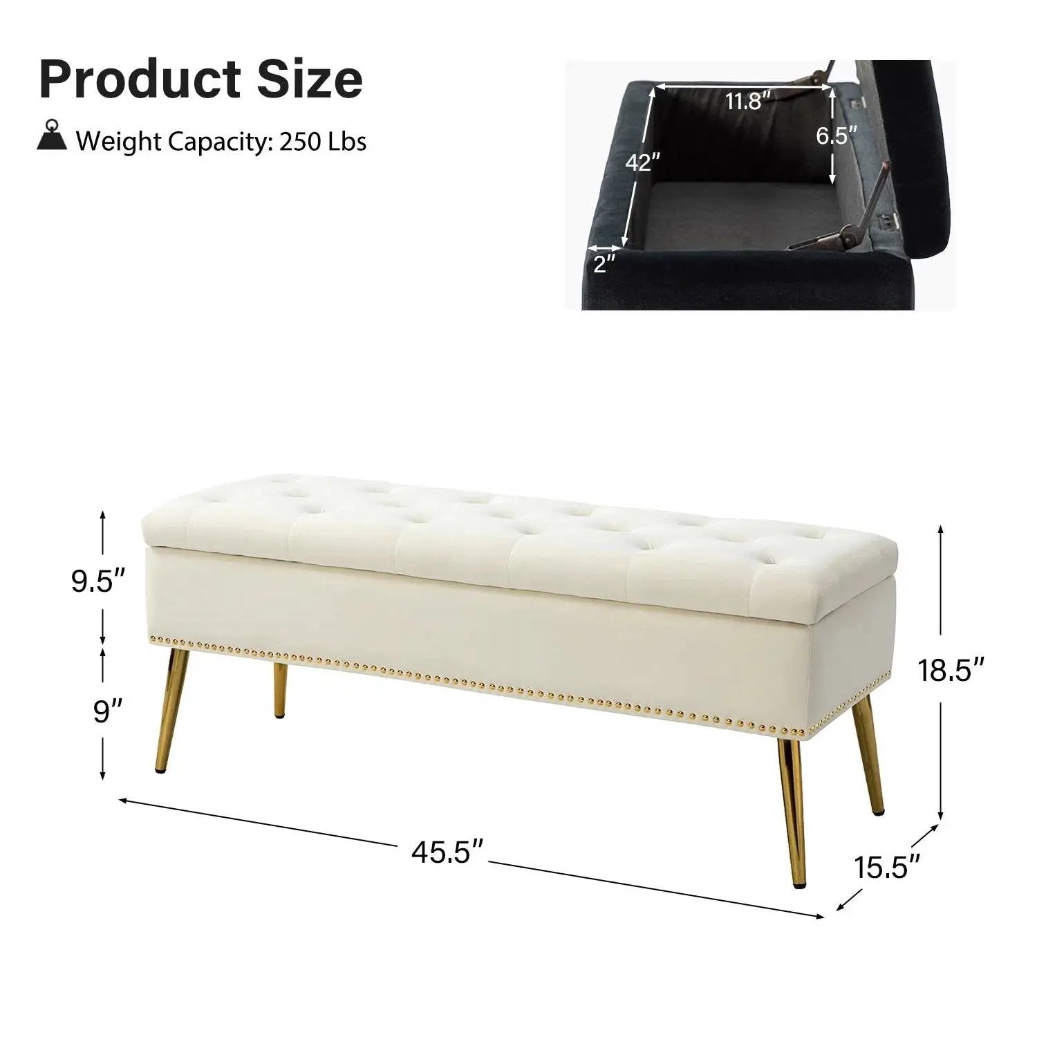 Mid-Century Modern Bed Storage Bench with Ivory Velvet Seat and Gold Legs by HomePacific