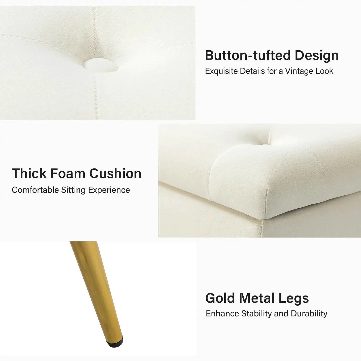 Mid-Century Modern Bed Storage Bench with Ivory Velvet Seat and Gold Legs by HomePacific