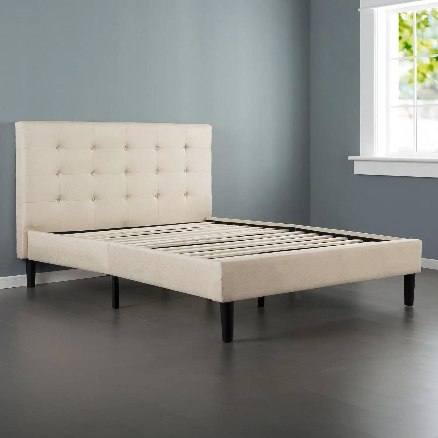 King size Upholstered Platform Bed Frame with Button Tufted Headboard in Taupe by HomePacific