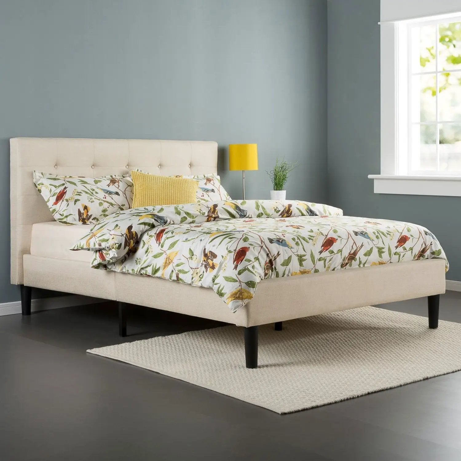 King size Upholstered Platform Bed Frame with Button Tufted Headboard in Taupe by HomePacific