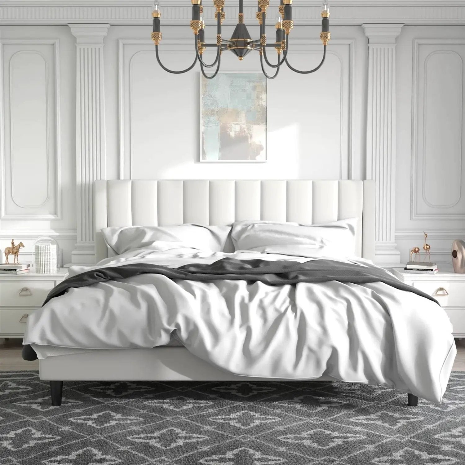 King size White Velvet Upholstered Platform Bed Frame with Headboard by HomePacific