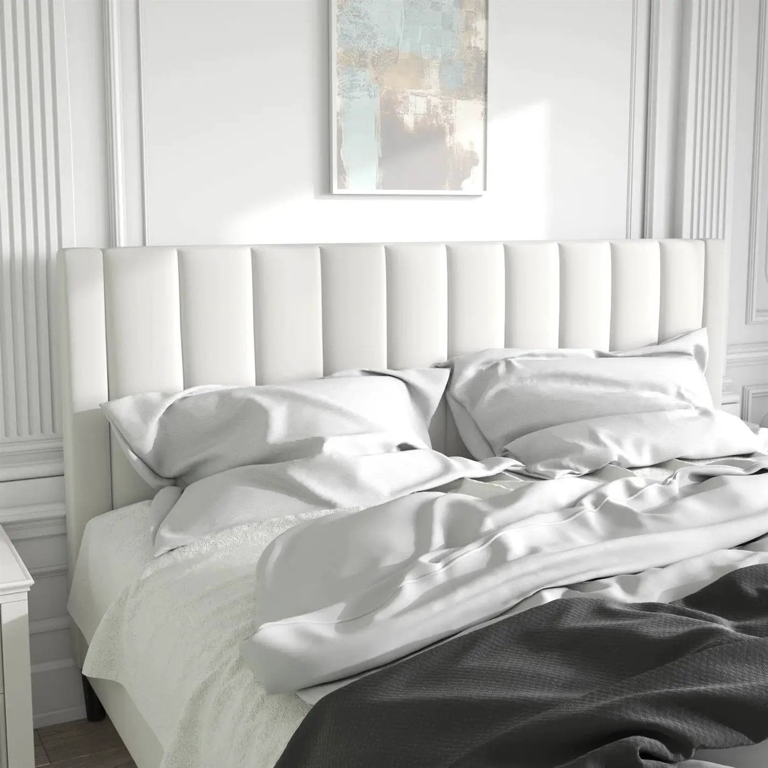 King size White Velvet Upholstered Platform Bed Frame with Headboard by HomePacific