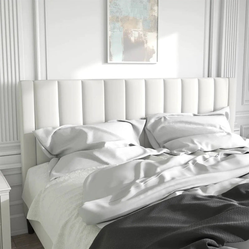 King size White Velvet Upholstered Platform Bed Frame with Headboard by HomePacific
