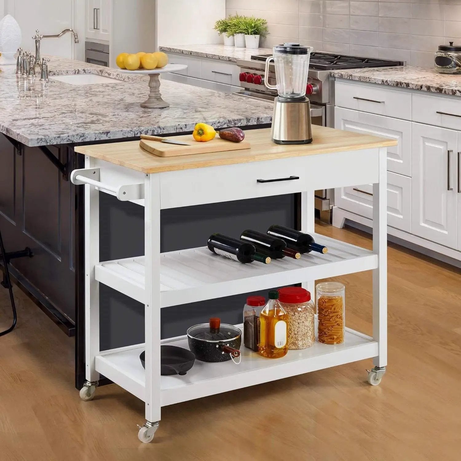 White Kitchen Island Cart with Drawer Storage Shelves and Locking Casters by HomePacific