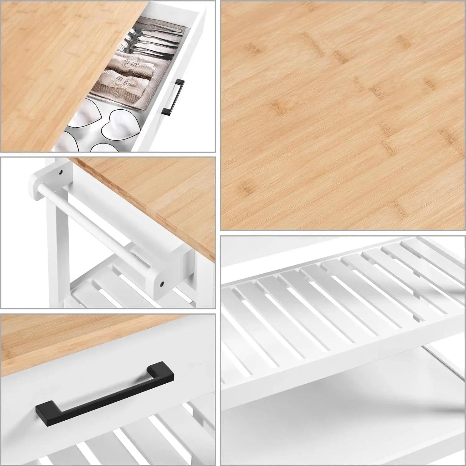 White Kitchen Island Cart with Drawer Storage Shelves and Locking Casters by HomePacific