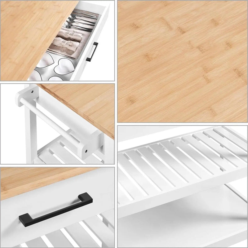 White Kitchen Island Cart with Drawer Storage Shelves and Locking Casters by HomePacific