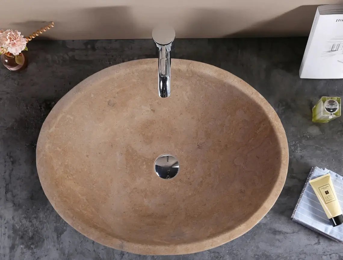Walnut Travertine Natural Stone Bathroom Vessel Sink - Honed and Filled 16 x 20.5 x 6 by GobekDesign