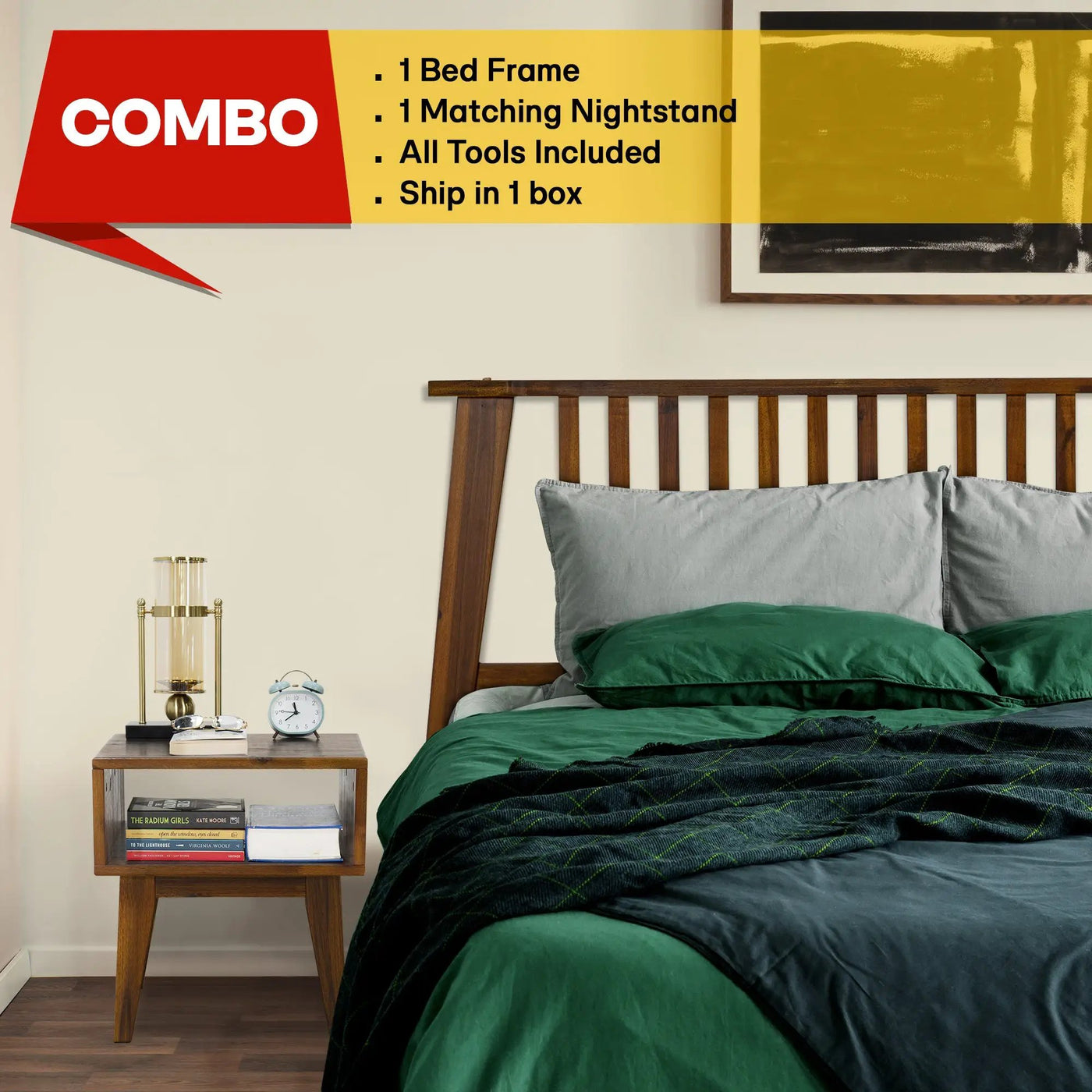 [Buy 1 Get 1] Kaylin Solid Wood Bed Frame & Nightstand by Megsu