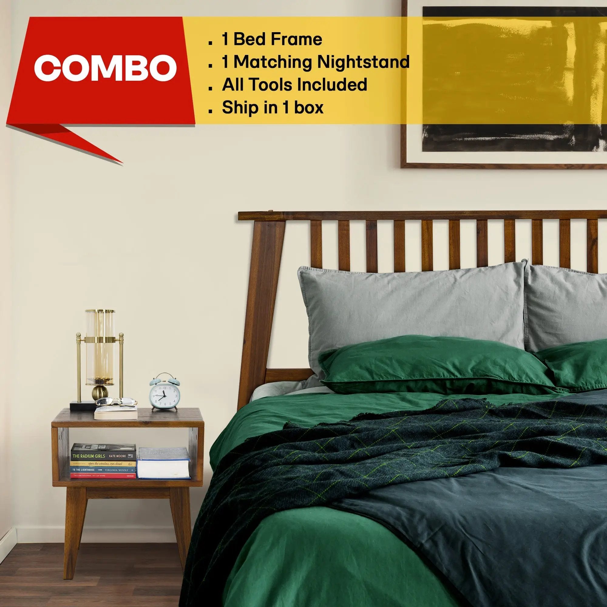[Buy 1 Get 1] Kaylin Solid Wood Bed Frame & Nightstand by Megsu