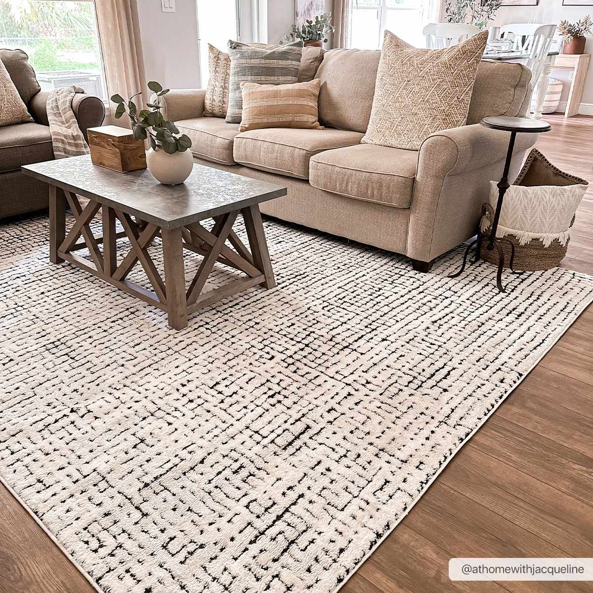 Keita Cream & Black Grid Plush Rug by Boutique Rugs