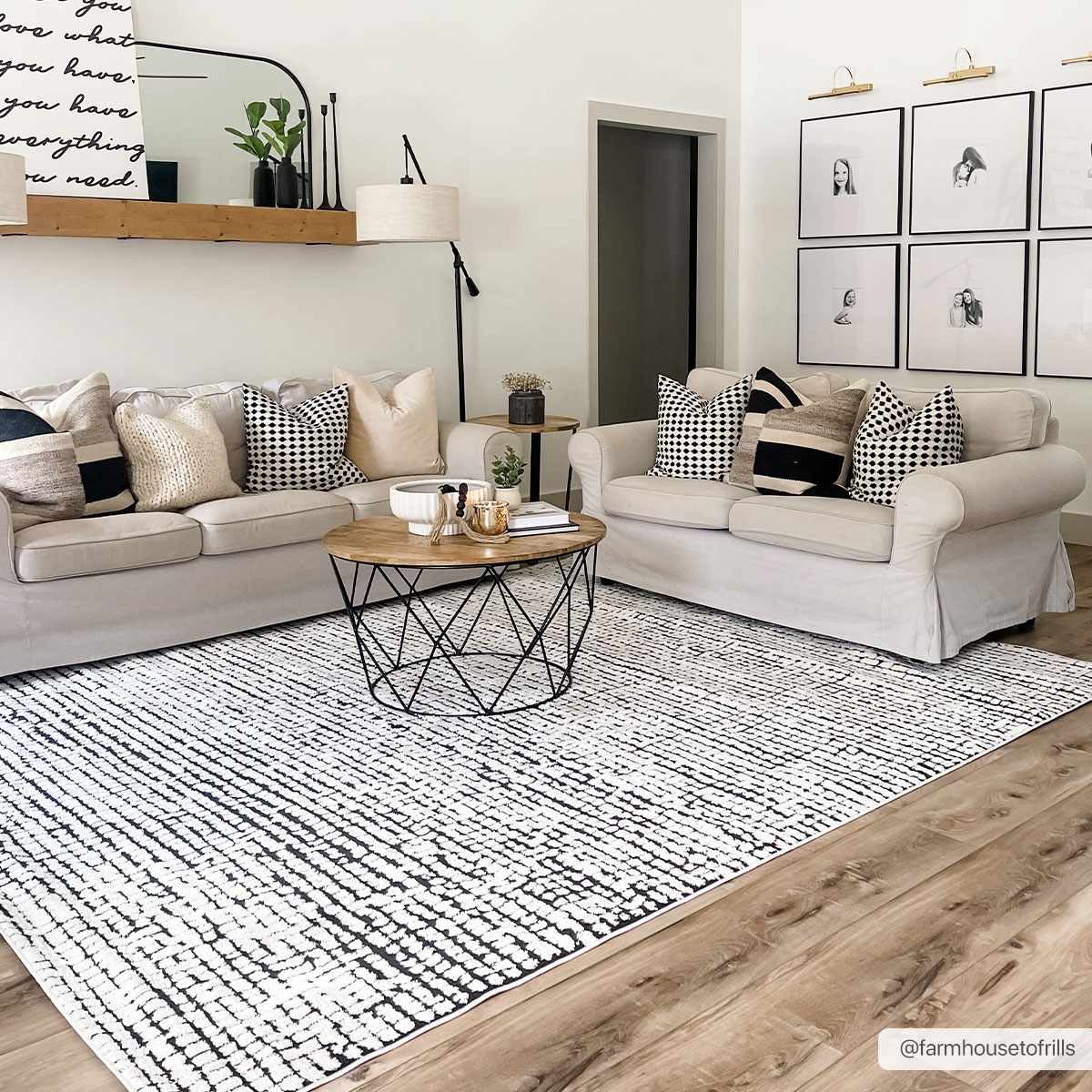 Keita Cream & Black Grid Plush Rug by Boutique Rugs