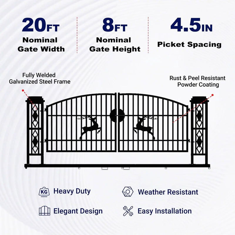 20x8 ft Dual Swing Driveway Gate with Ornamental Posts by Chery Industrial