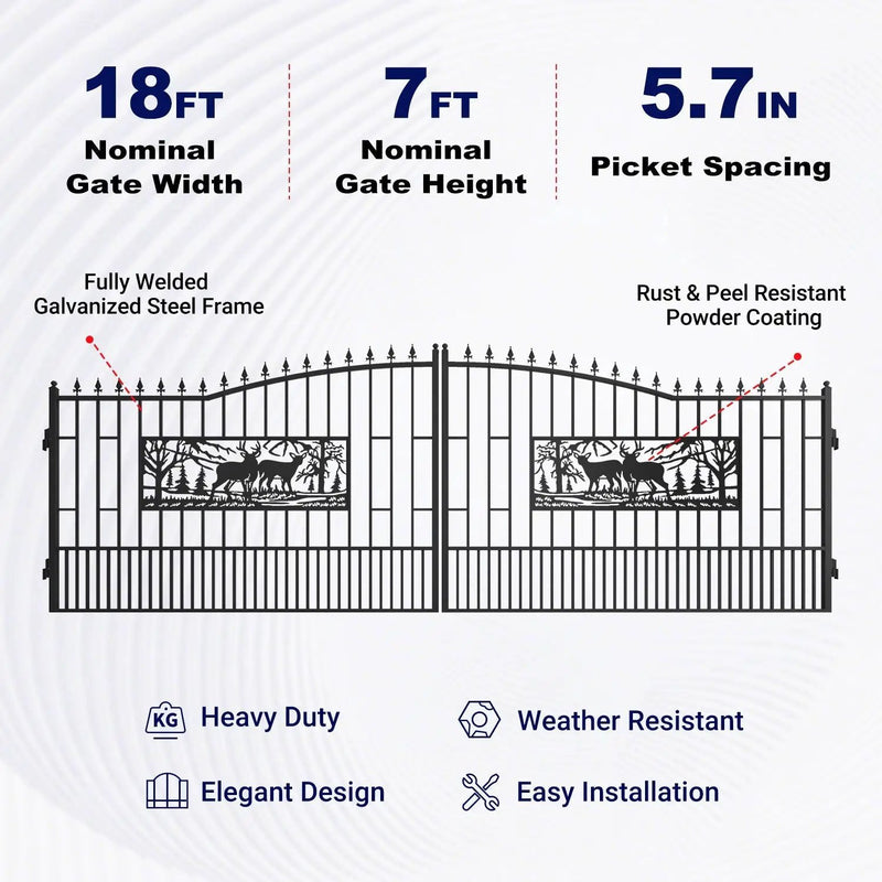 18x7 ft Steel Dual Swing Driveway Gate with Rectangular Deer Pattern by Chery Industrial