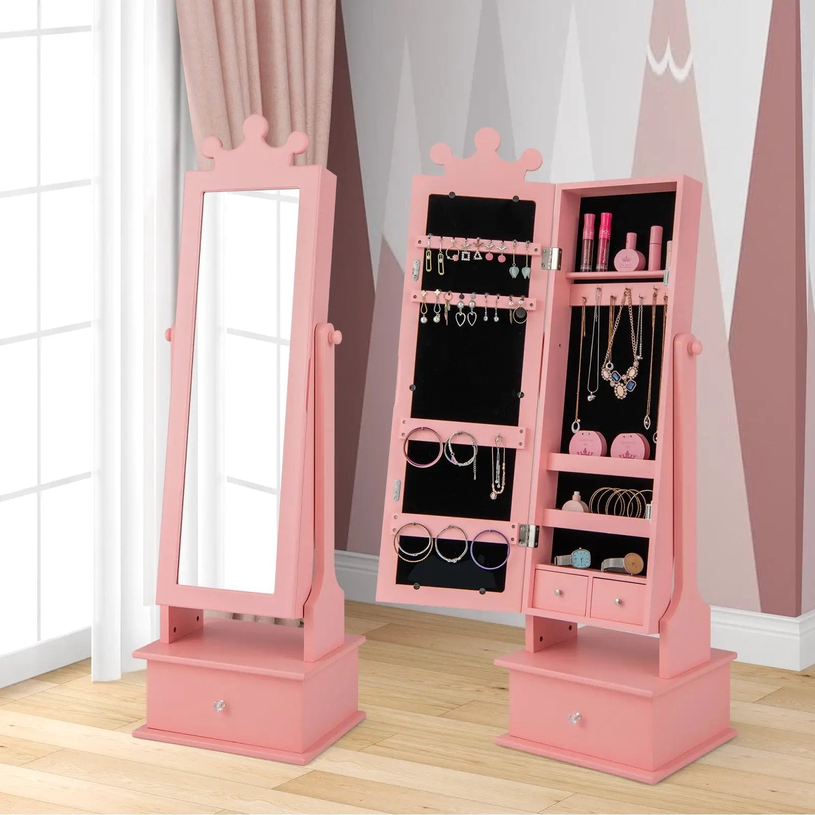 2-in-1 Kids Play Jewelry Armoire with Full Length Mirror and Drawers by DirectDeals