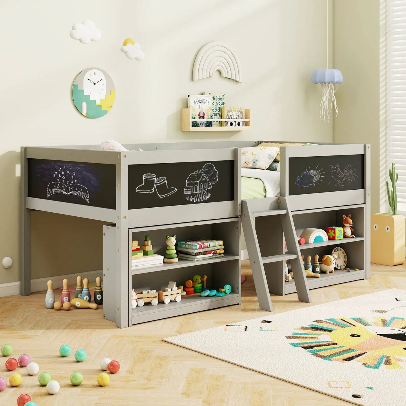 Kid Twin Size Low Loft Bed with Chalkboard Ramp Ladder and Bookcases by DirectDeals