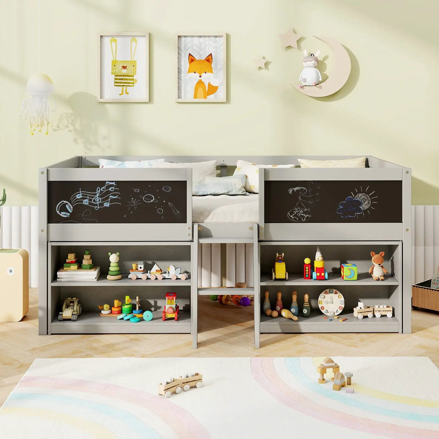 Kid Twin Size Low Loft Bed with Chalkboard Ramp Ladder and Bookcases by DirectDeals