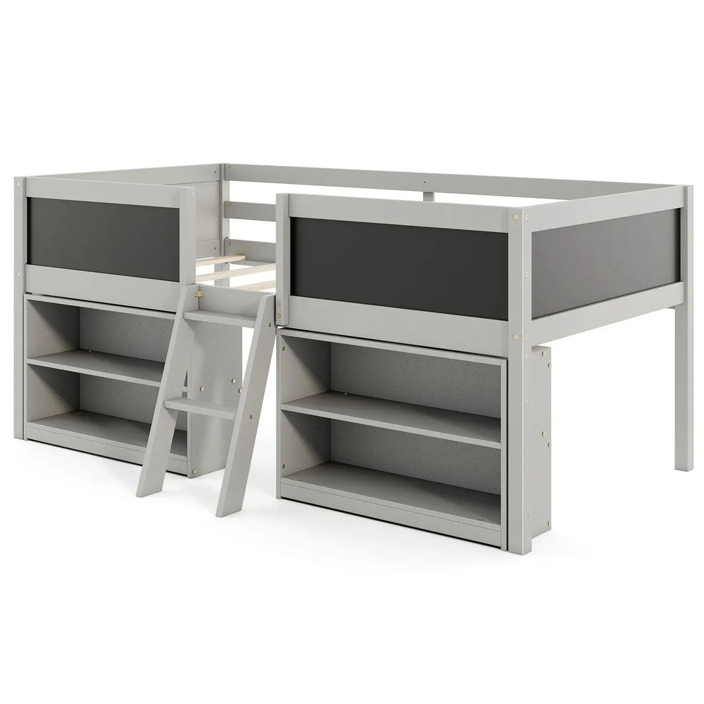 Kid Twin Size Low Loft Bed with Chalkboard Ramp Ladder and Bookcases by DirectDeals