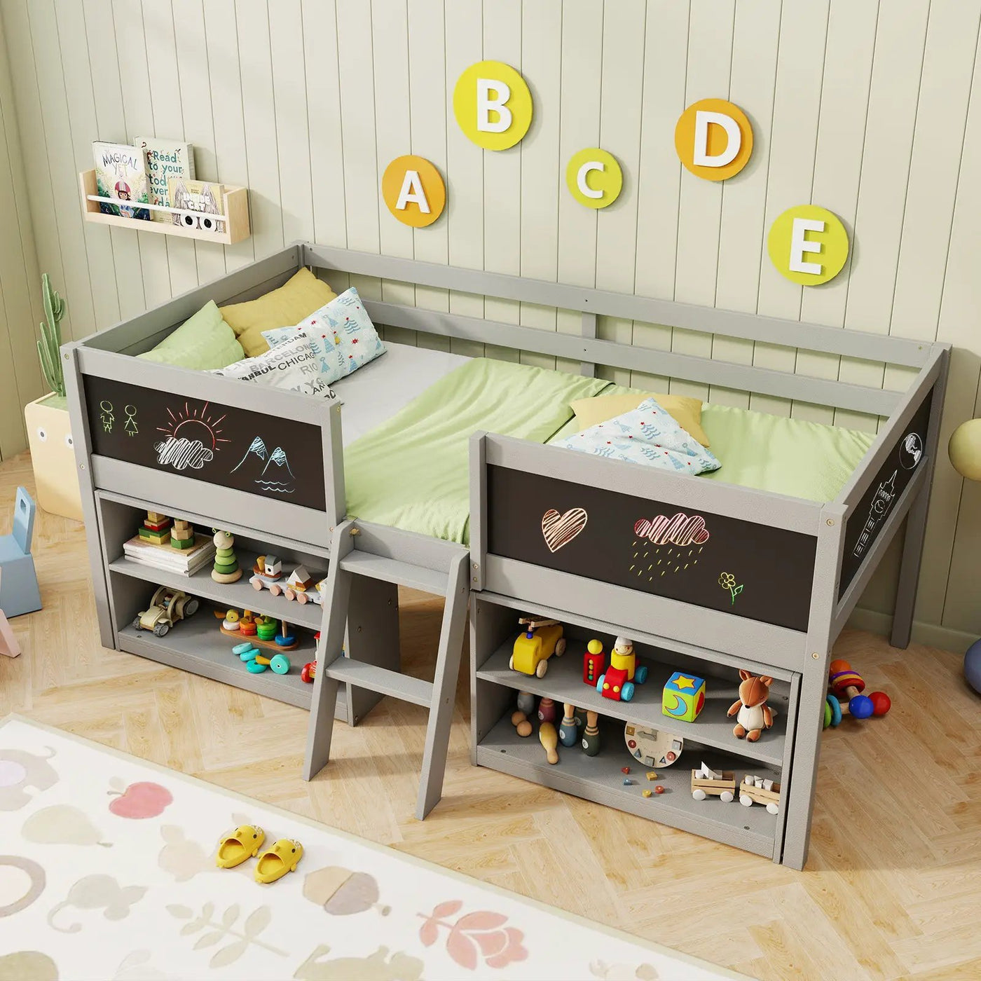Kid Twin Size Low Loft Bed with Chalkboard Ramp Ladder and Bookcases by DirectDeals