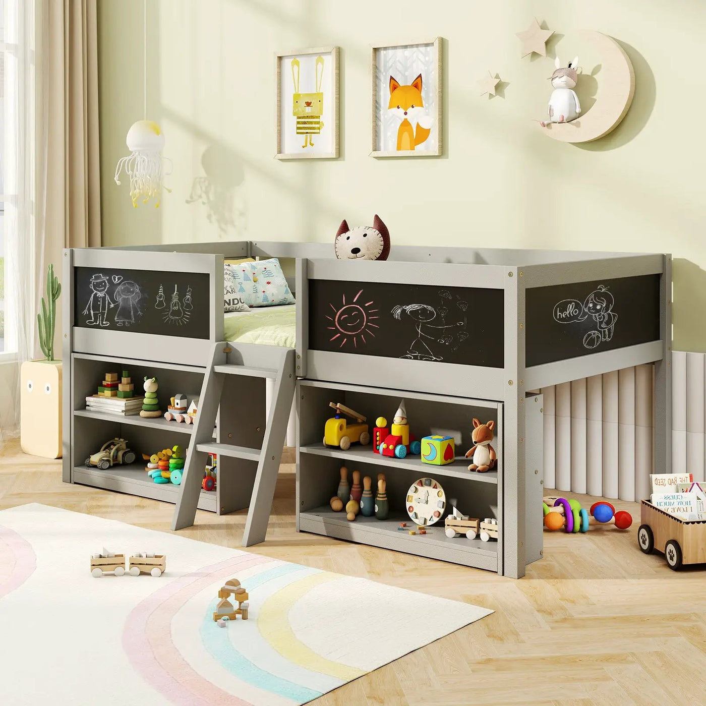 Kid Twin Size Low Loft Bed with Chalkboard Ramp Ladder and Bookcases by DirectDeals
