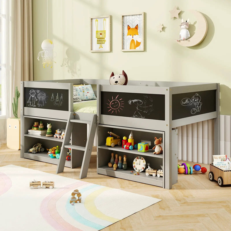 Kid Twin Size Low Loft Bed with Chalkboard Ramp Ladder and Bookcases by DirectDeals