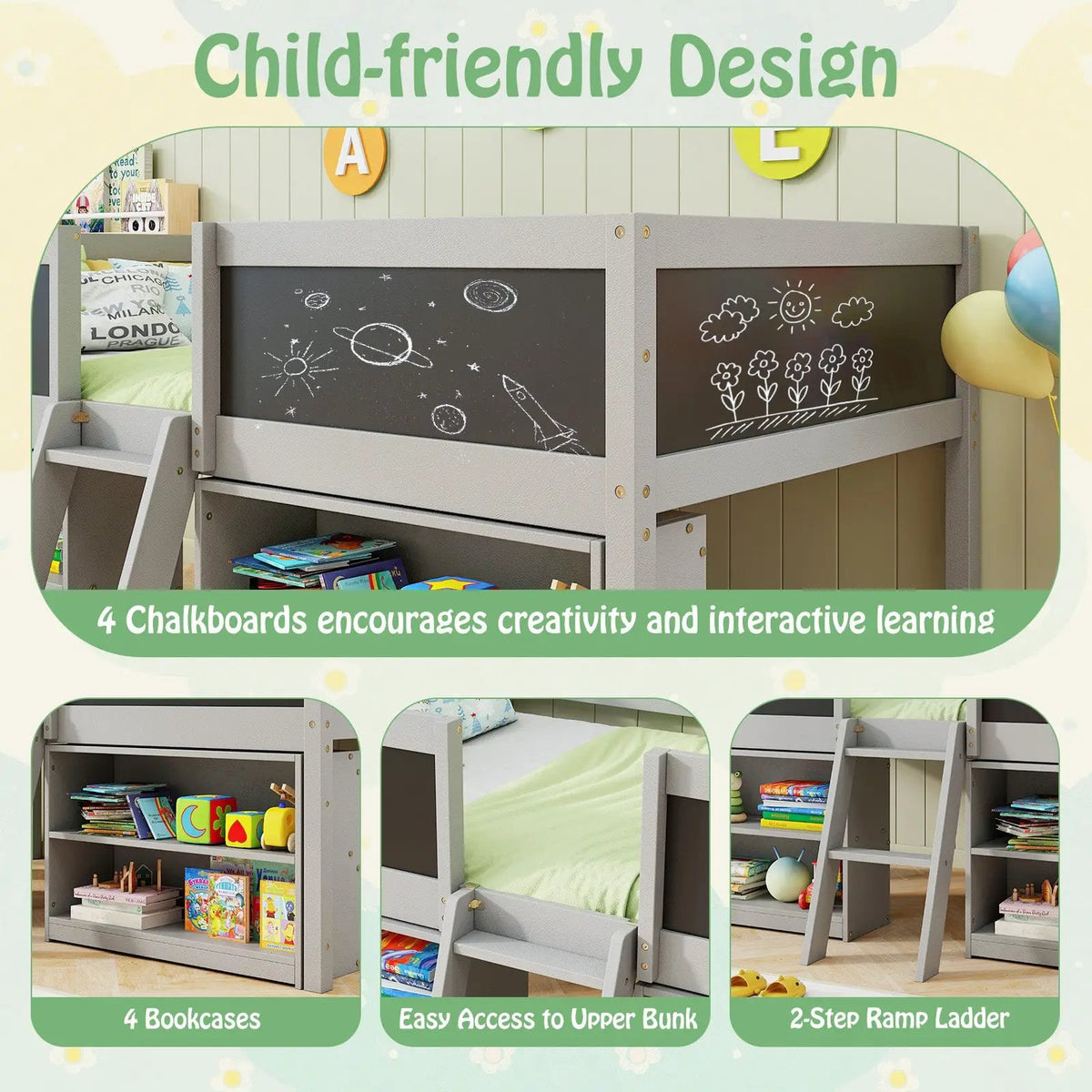 Kid Twin Size Low Loft Bed with Chalkboard Ramp Ladder and Bookcases by DirectDeals