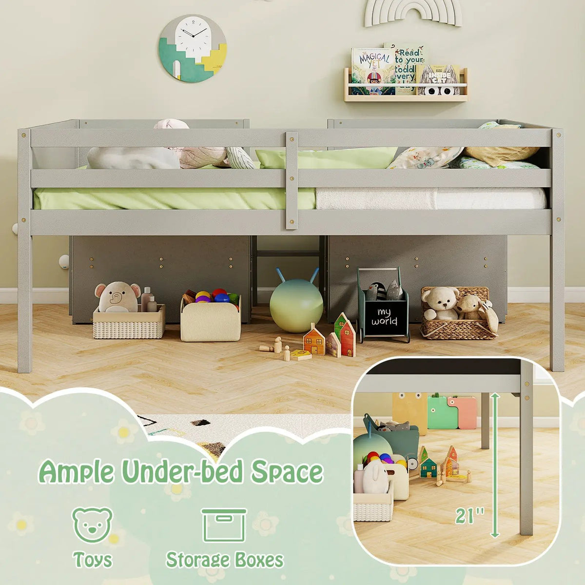 Kid Twin Size Low Loft Bed with Chalkboard Ramp Ladder and Bookcases by DirectDeals