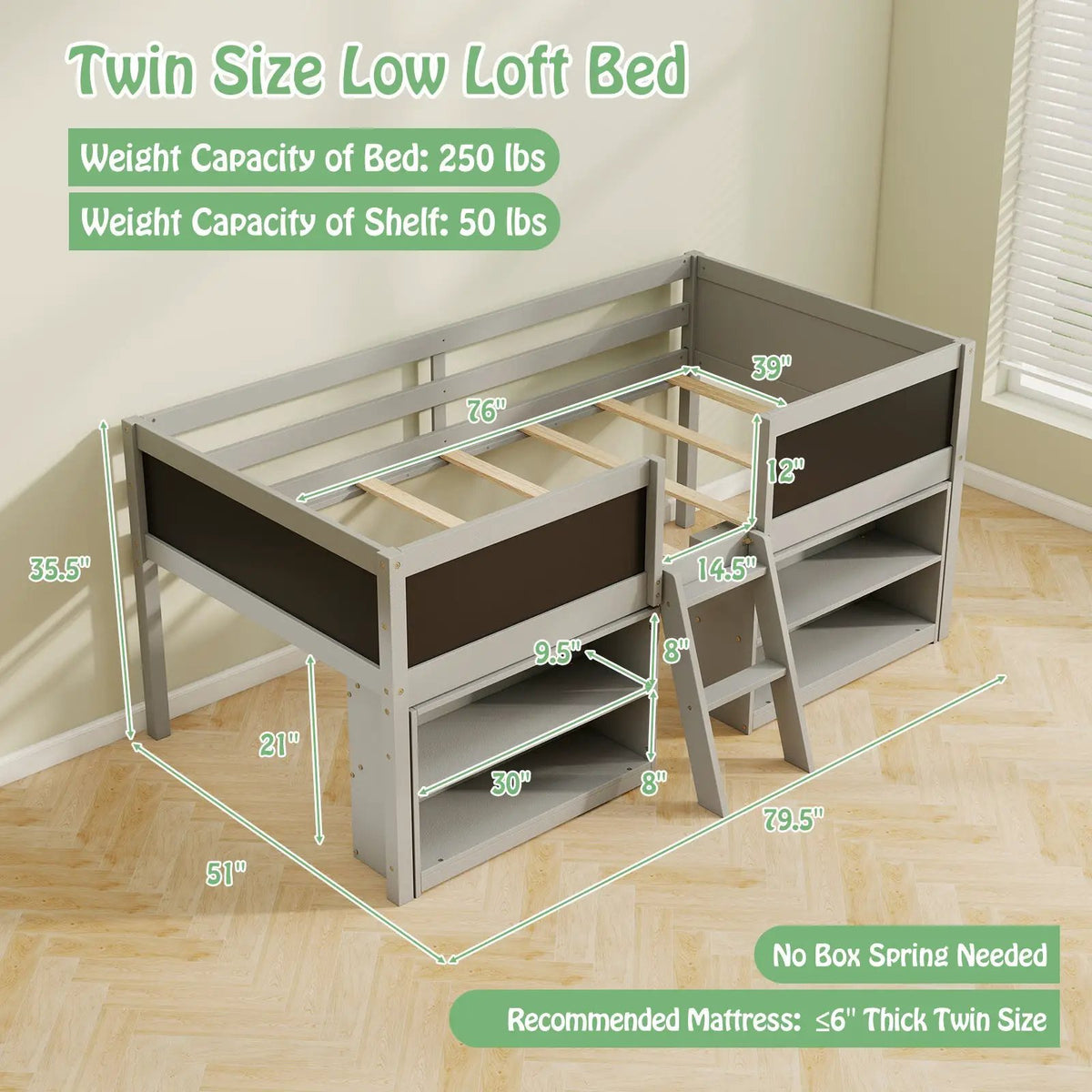 Kid Twin Size Low Loft Bed with Chalkboard Ramp Ladder and Bookcases by DirectDeals