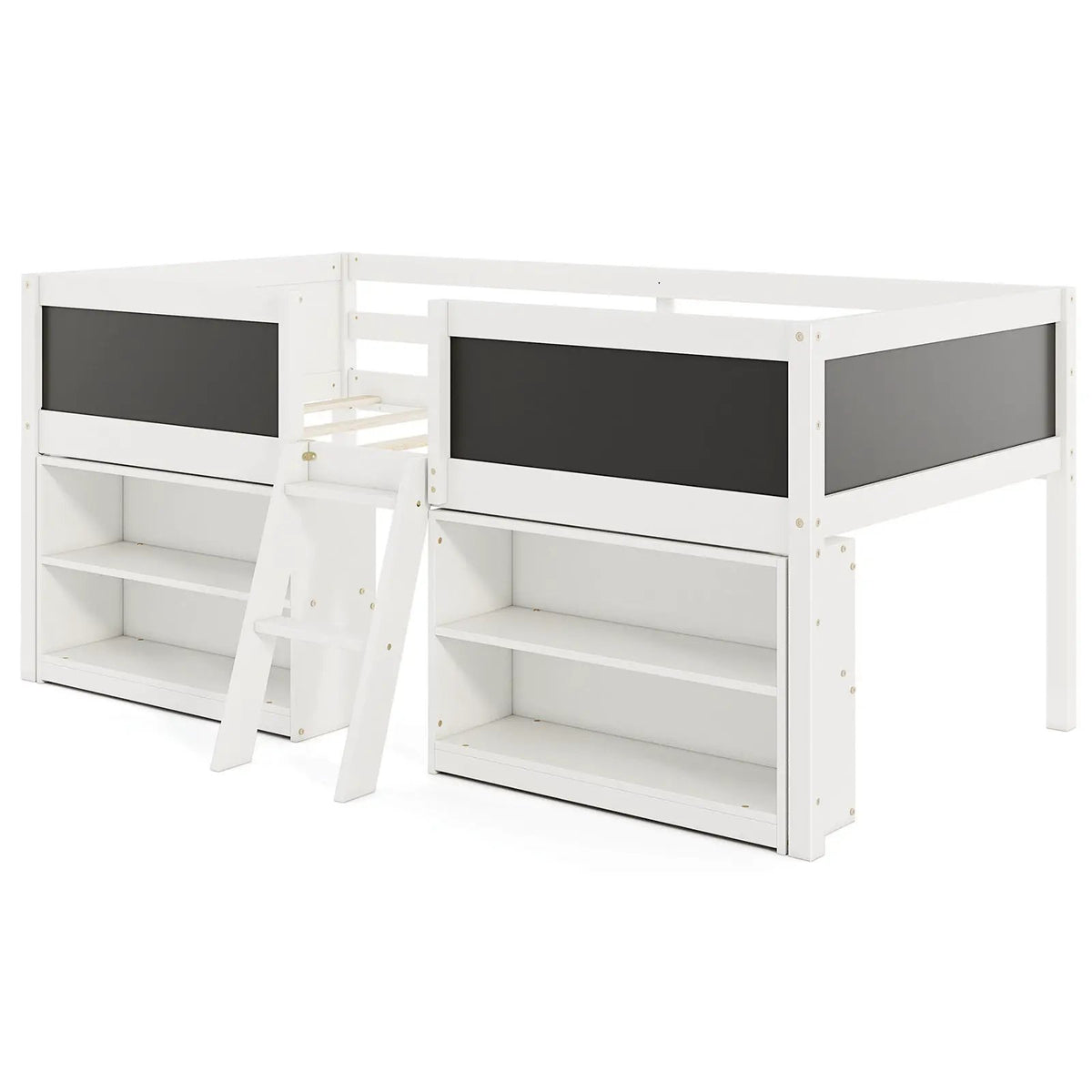 Kid Twin Size Low Loft Bed with Chalkboard Ramp Ladder and Bookcases by DirectDeals