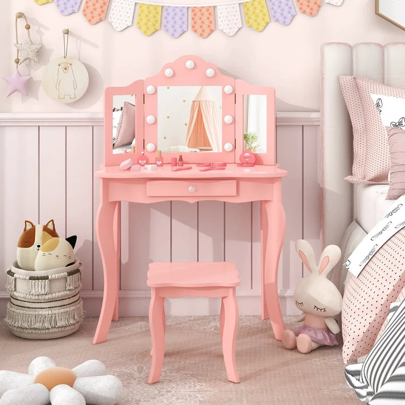 Kid Vanity Table Stool Set with Tri-Folding Mirror and 3-Color LED Lights by DirectDeals