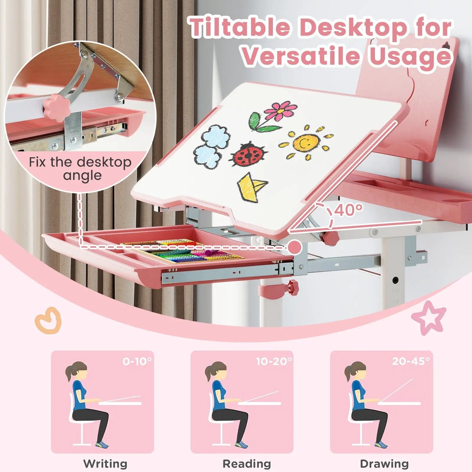 Kid's Study Desk and Chair Set with Tilt Desktop and Book Stand by DirectDeals