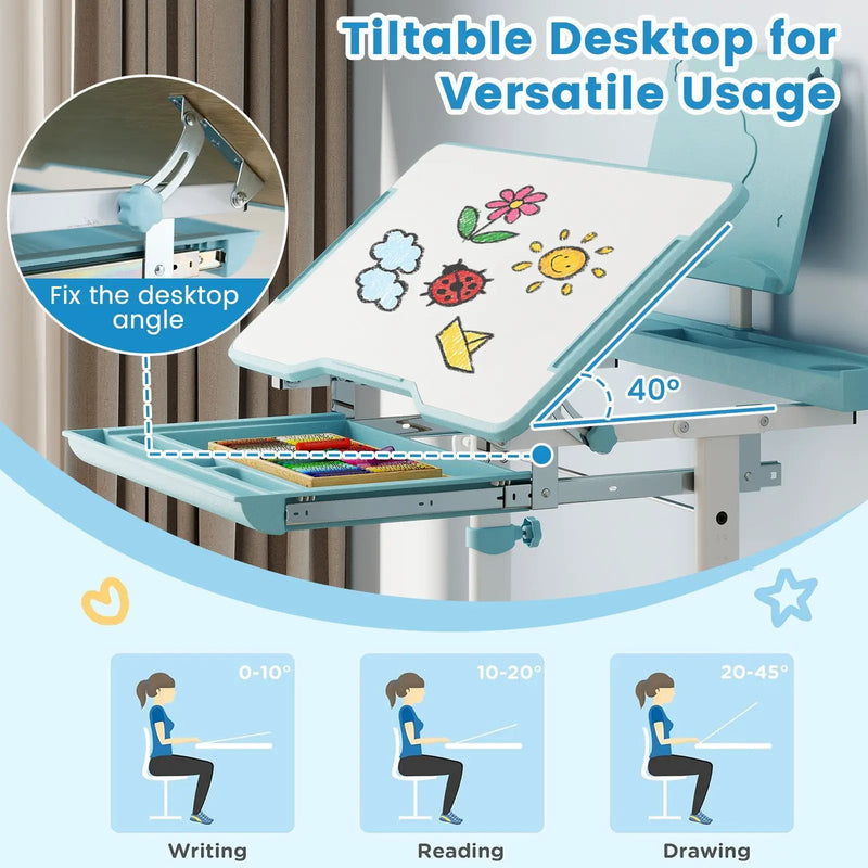 Kid's Study Desk and Chair Set with Tilt Desktop and Book Stand by DirectDeals
