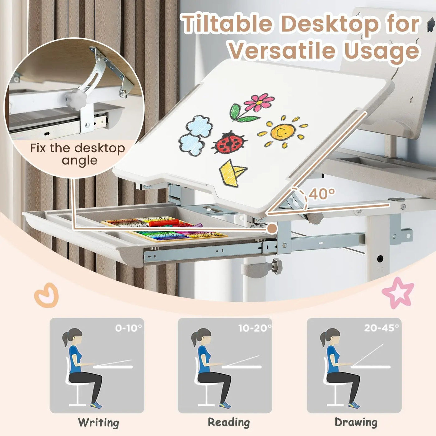 Kid's Study Desk and Chair Set with Tilt Desktop and Book Stand by DirectDeals