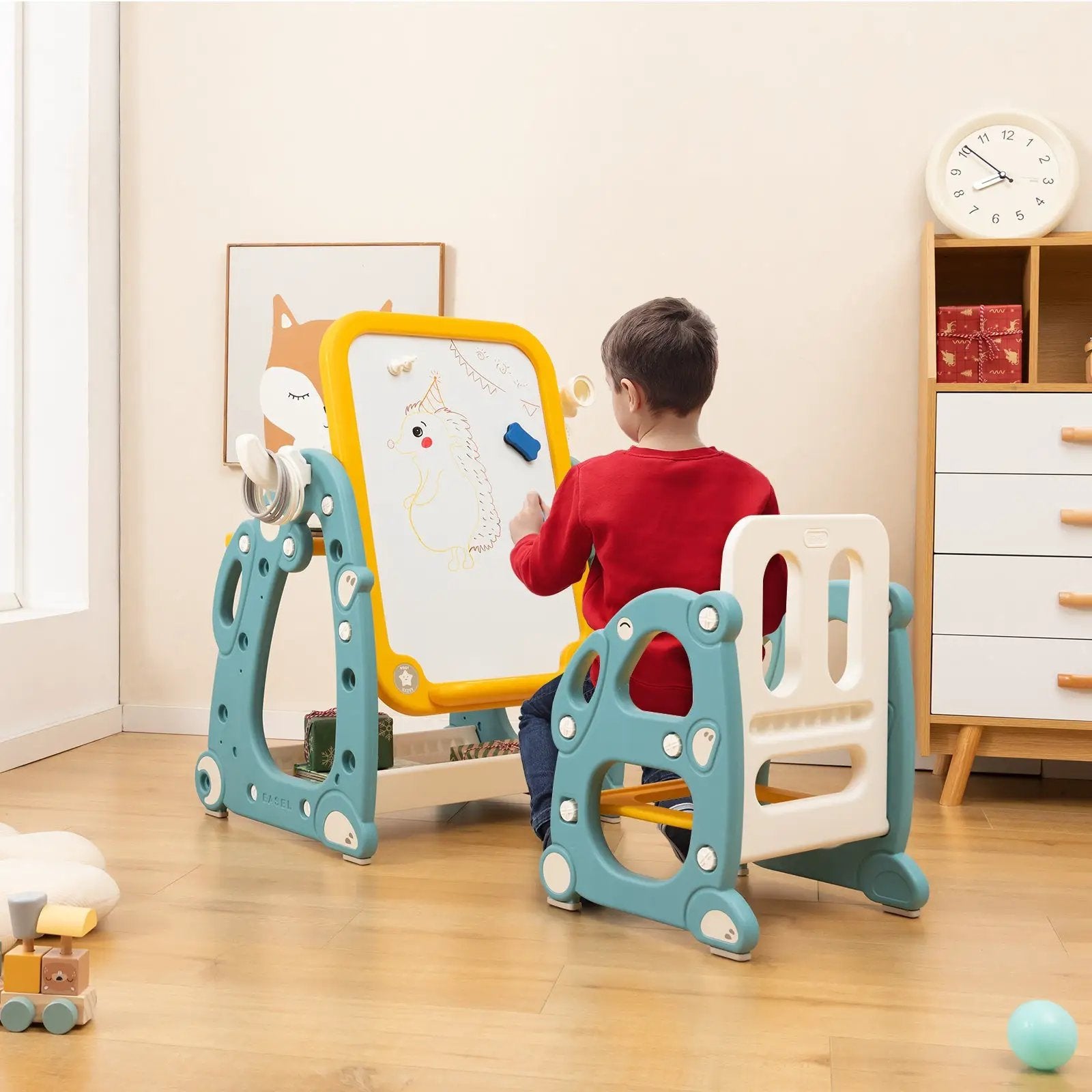 Kids Art Easel with Chair and 3-Level Adjustable Whiteboard-Multicolor by DirectDeals