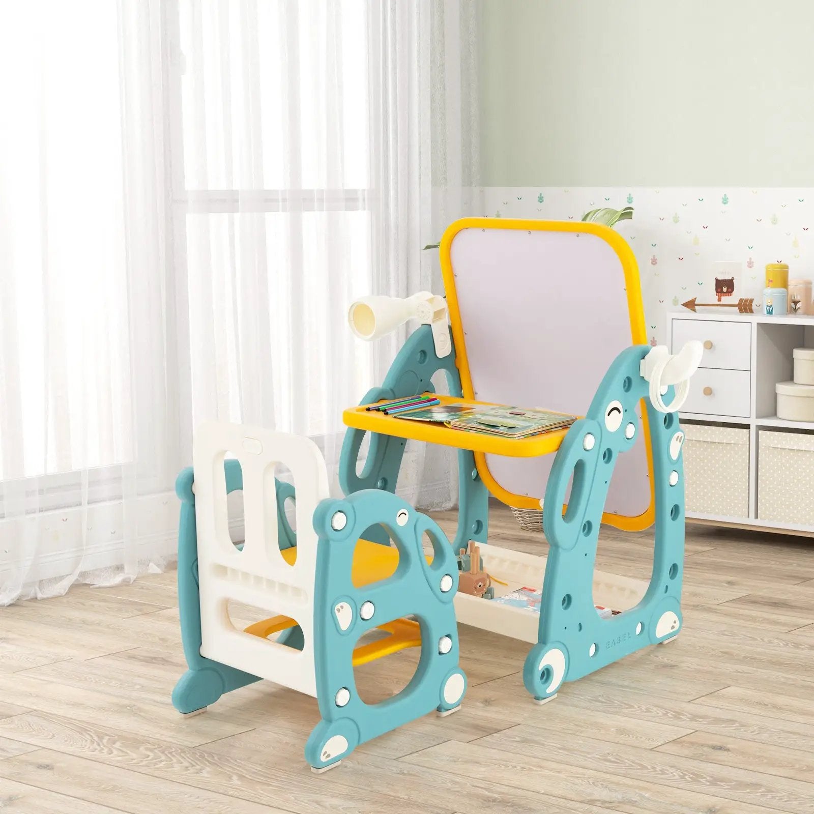 Kids Art Easel with Chair and 3-Level Adjustable Whiteboard-Multicolor by DirectDeals