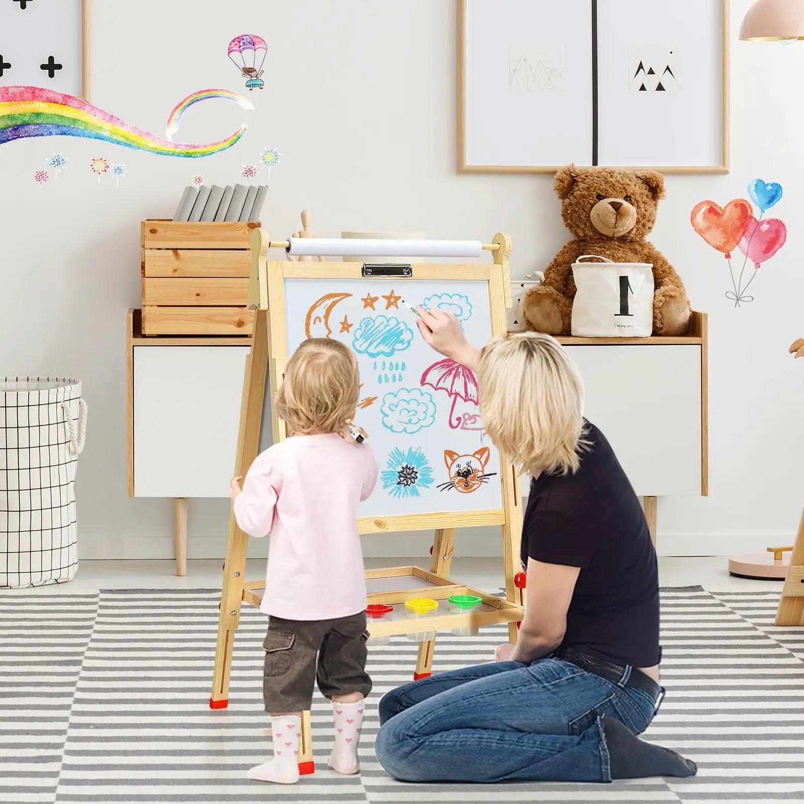 Kids Art Easel with Paper Roll Double-Sided Regulable Drawing Easel Plank by DirectDeals