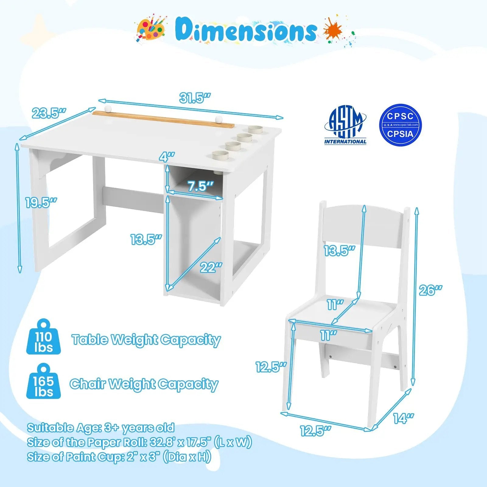 Kids Art Table and Chair Set Toddler Craft Drawing Desk-White by DirectDeals