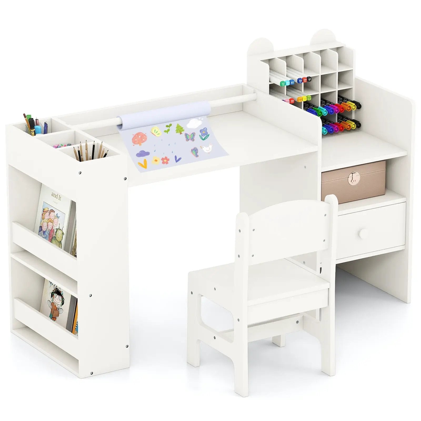 Kids Art Table and Chair Set with Detachable Paper Roll Holder and Cabinet by DirectDeals