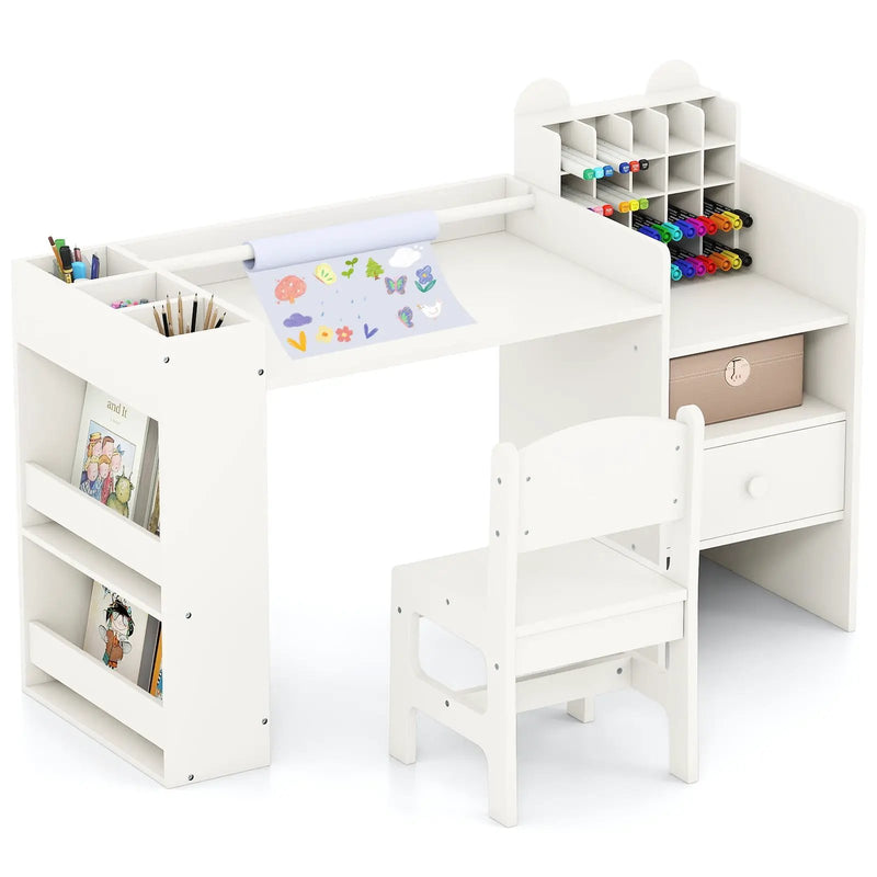 Kids Art Table and Chair Set with Detachable Paper Roll Holder and Cabinet by DirectDeals