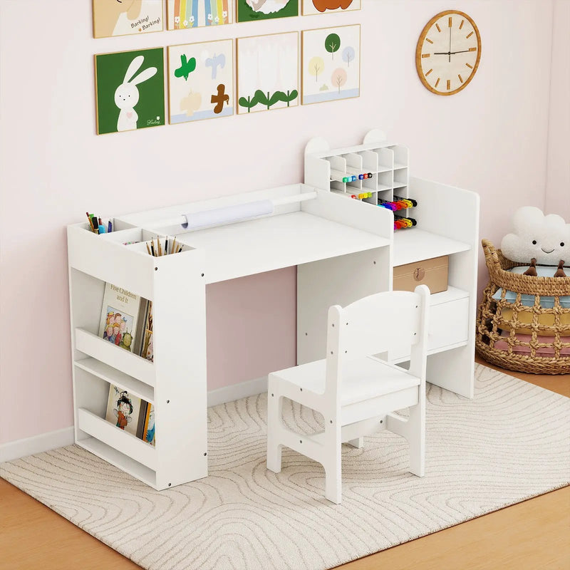 Kids Art Table and Chair Set with Detachable Paper Roll Holder and Cabinet by DirectDeals