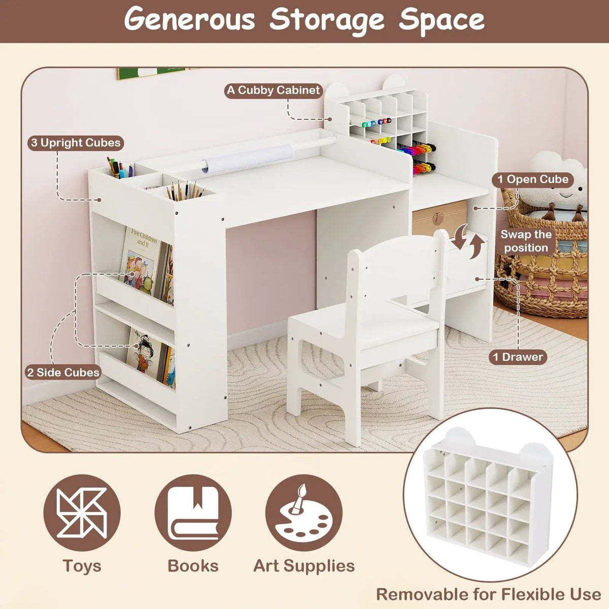 Kids Art Table and Chair Set with Detachable Paper Roll Holder and Cabinet by DirectDeals
