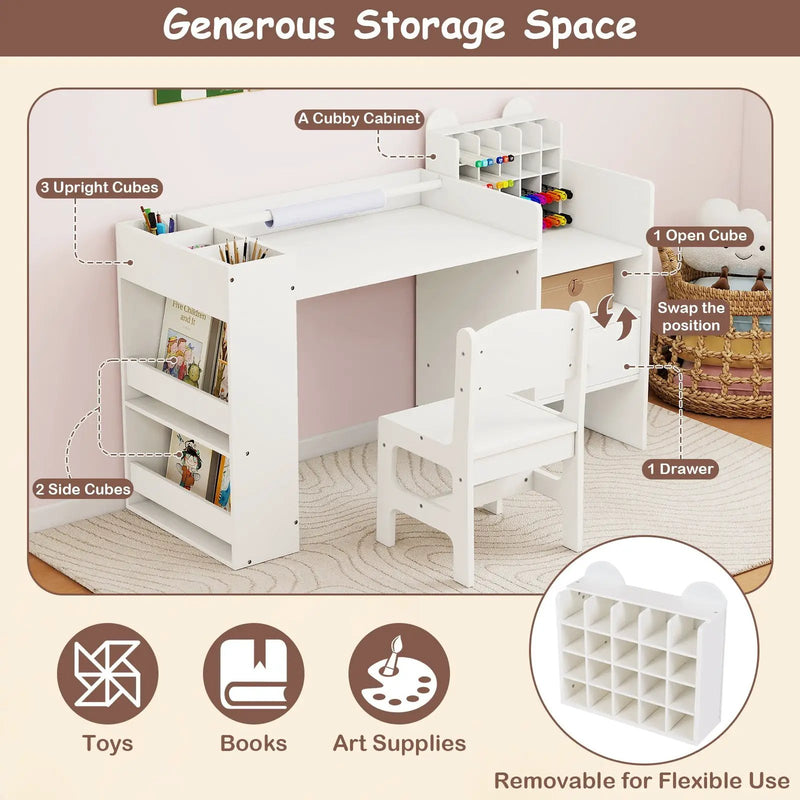 Kids Art Table and Chair Set with Detachable Paper Roll Holder and Cabinet by DirectDeals