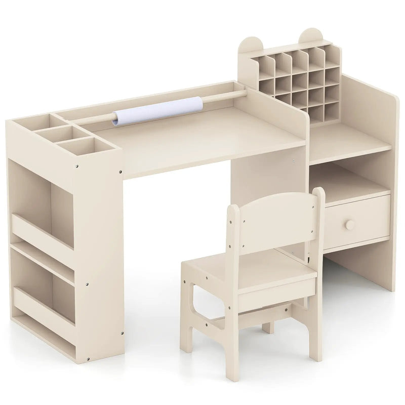 Kids Art Table and Chair Set with Detachable Paper Roll Holder and Cabinet by DirectDeals