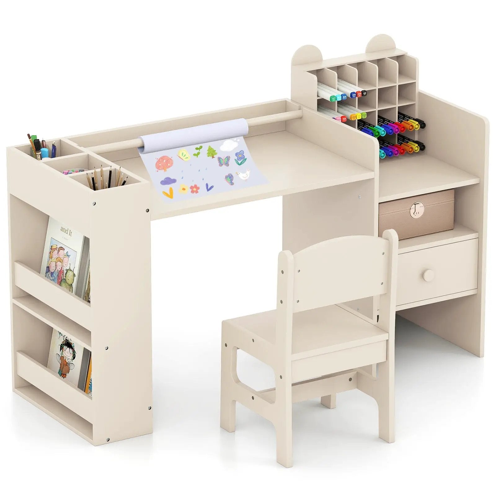 Kids Art Table and Chair Set with Detachable Paper Roll Holder and Cabinet by DirectDeals